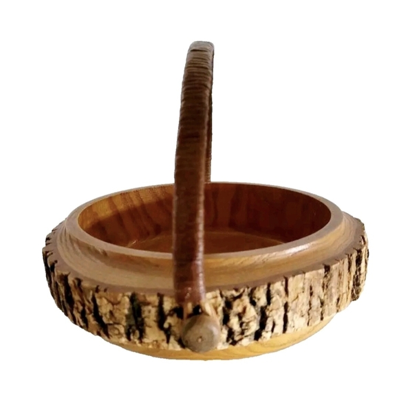 Vintage 10 Inch Rustic Wooden Bowl Basket With Wicker Handle - Picture 2 of 7